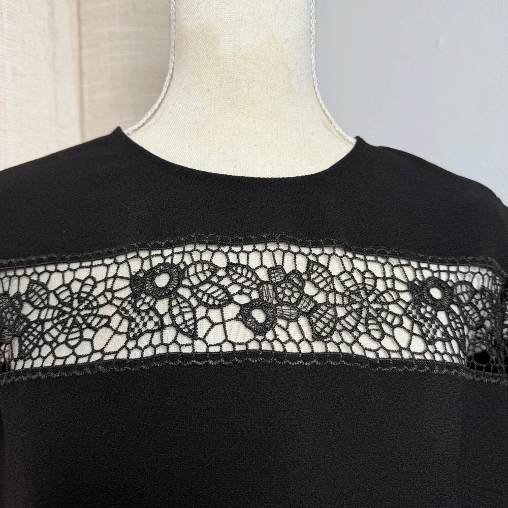 Anne Fontaine Miyuki Open Lace Stripe Blouse Black Floral Short Sleeve Womens 42 - Picture 6 of 9